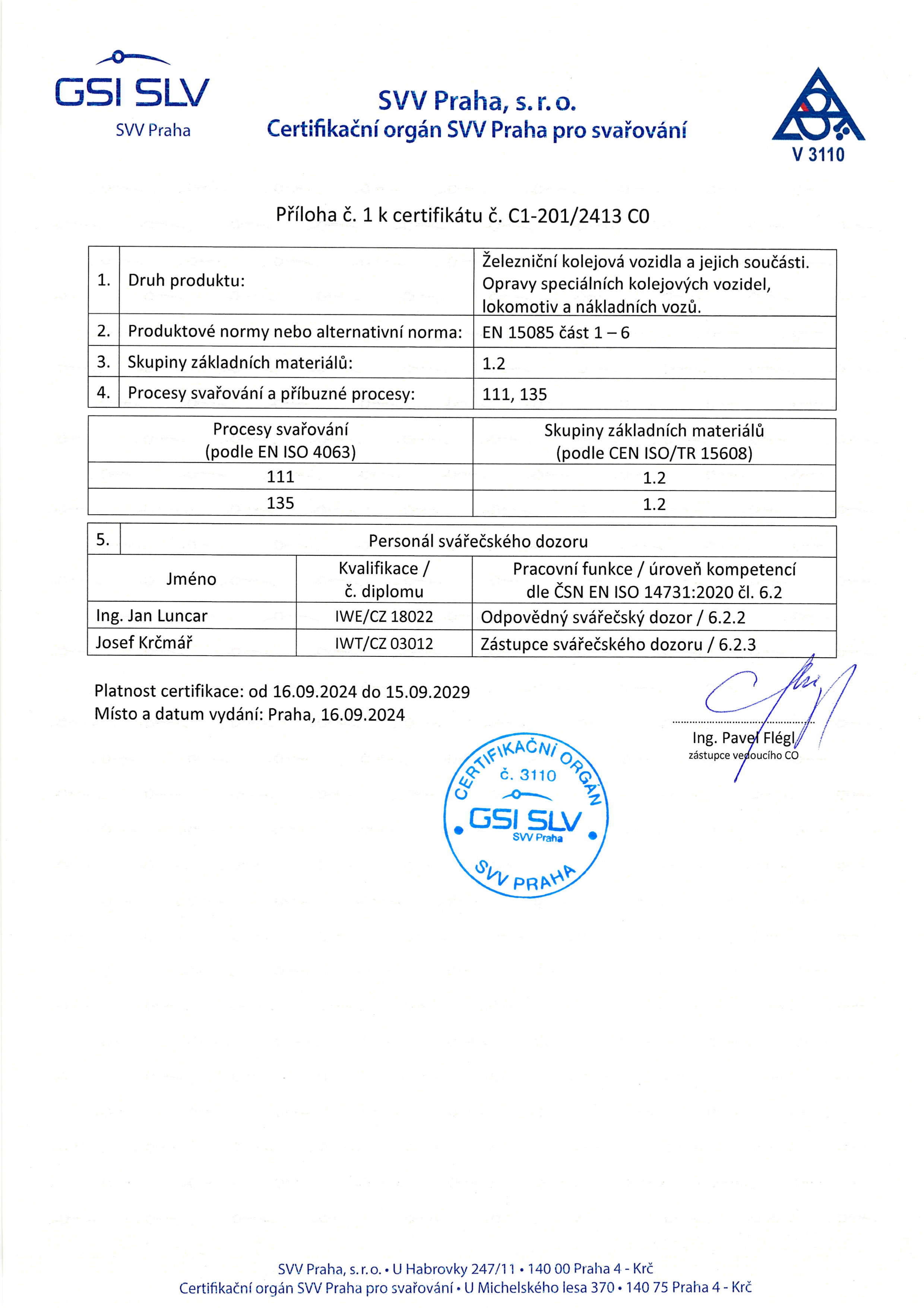 Certifikát ČSN EN ISO 3834 2 HROCHOSTROJ 2024 29 Page 0002