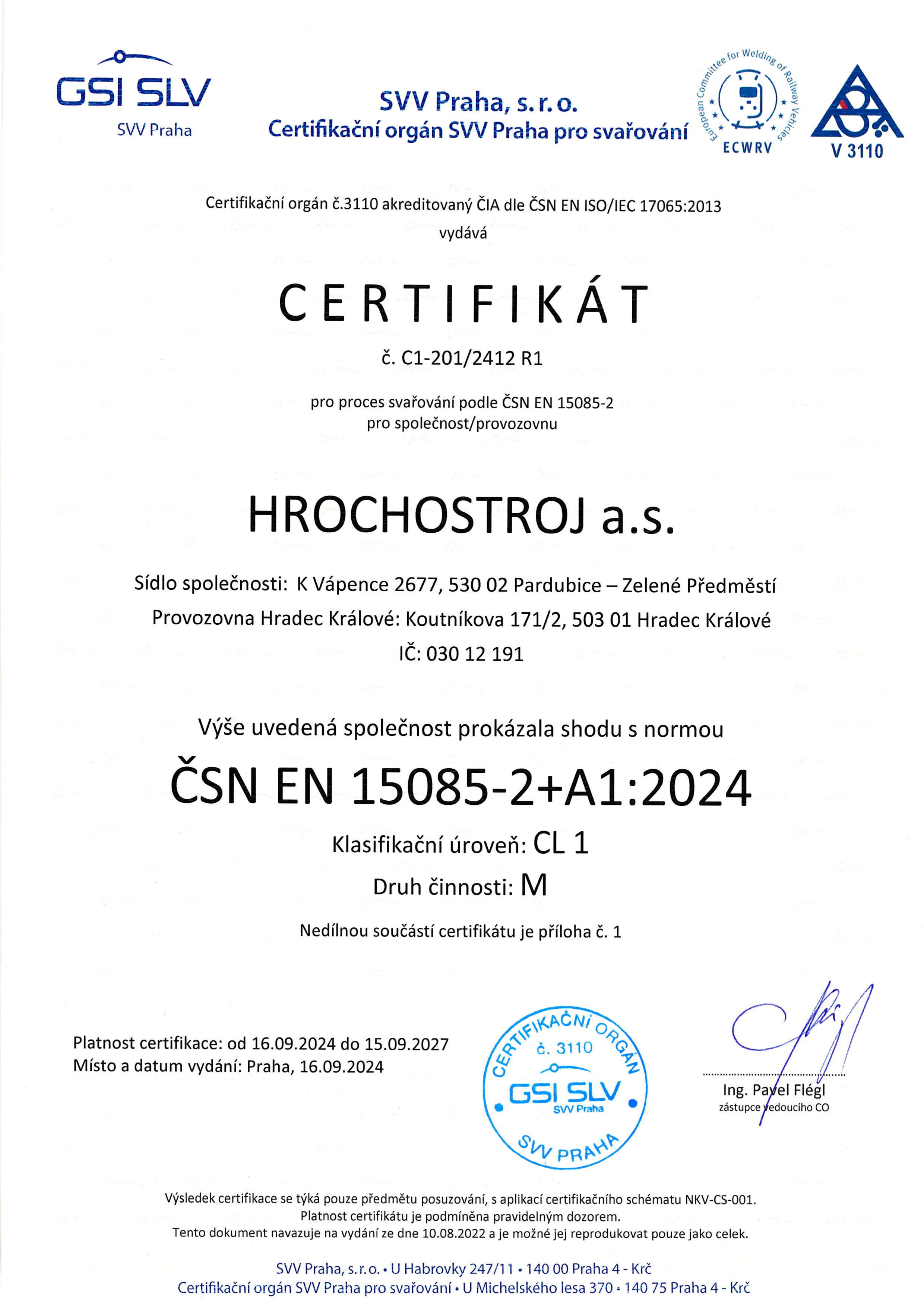 Certifikát ČSN EN 15085 2+A1 HROCHOSTROJ 2024 27 Page 0001