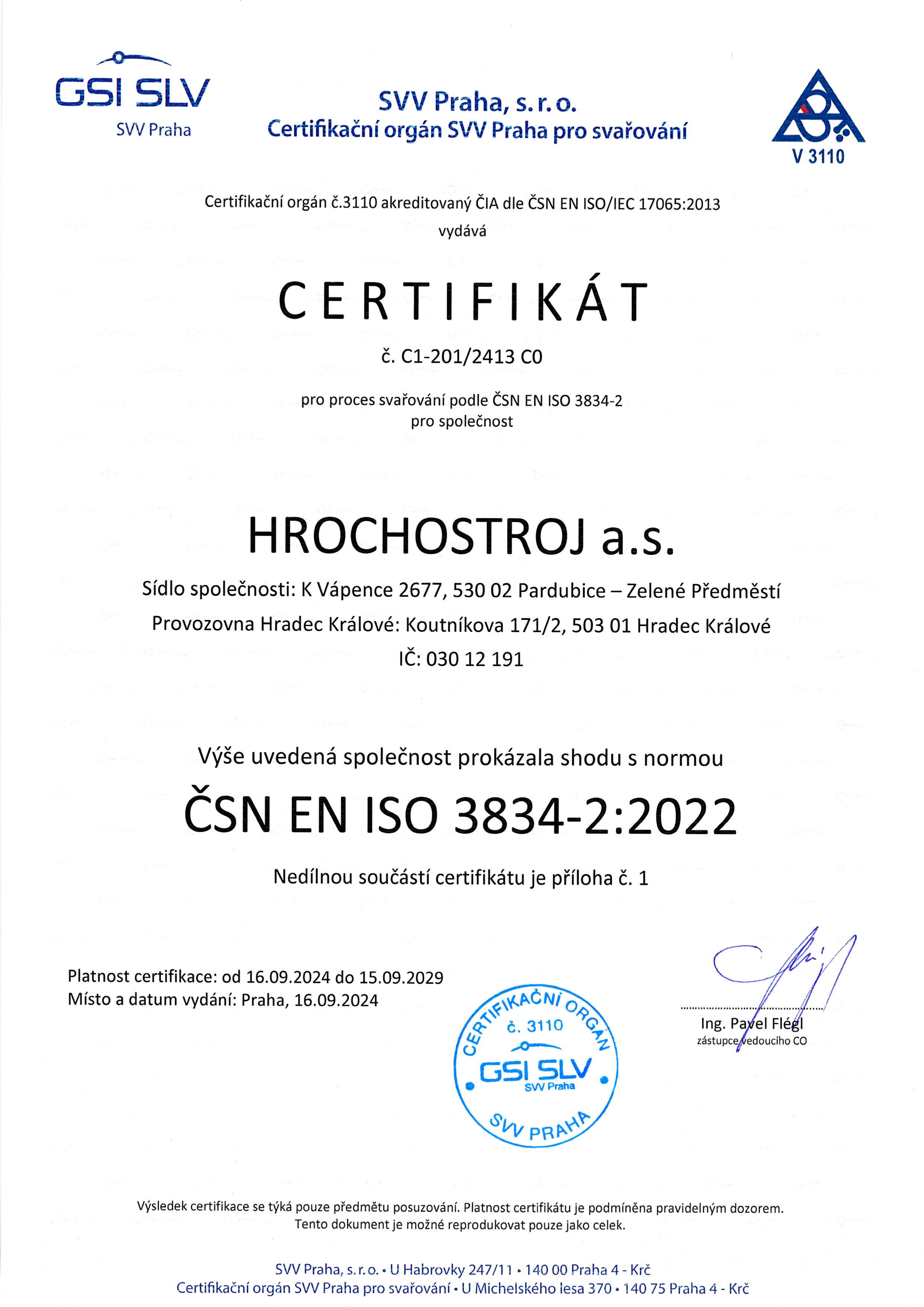 Certifikát ČSN EN ISO 3834 2 HROCHOSTROJ 2024 29 Page 0001